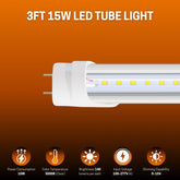 3FT 15W LED tube light on a brown background with specifications below.